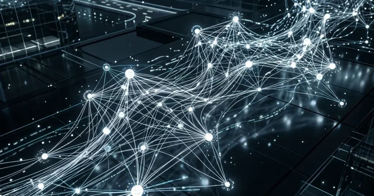 Collaborative Sales Swarm Banner: A cinematic high-fidelity visualization of an abstract digital network representing a collaborative network of autonomous sales agents. Agentic CRM Mesh Banner