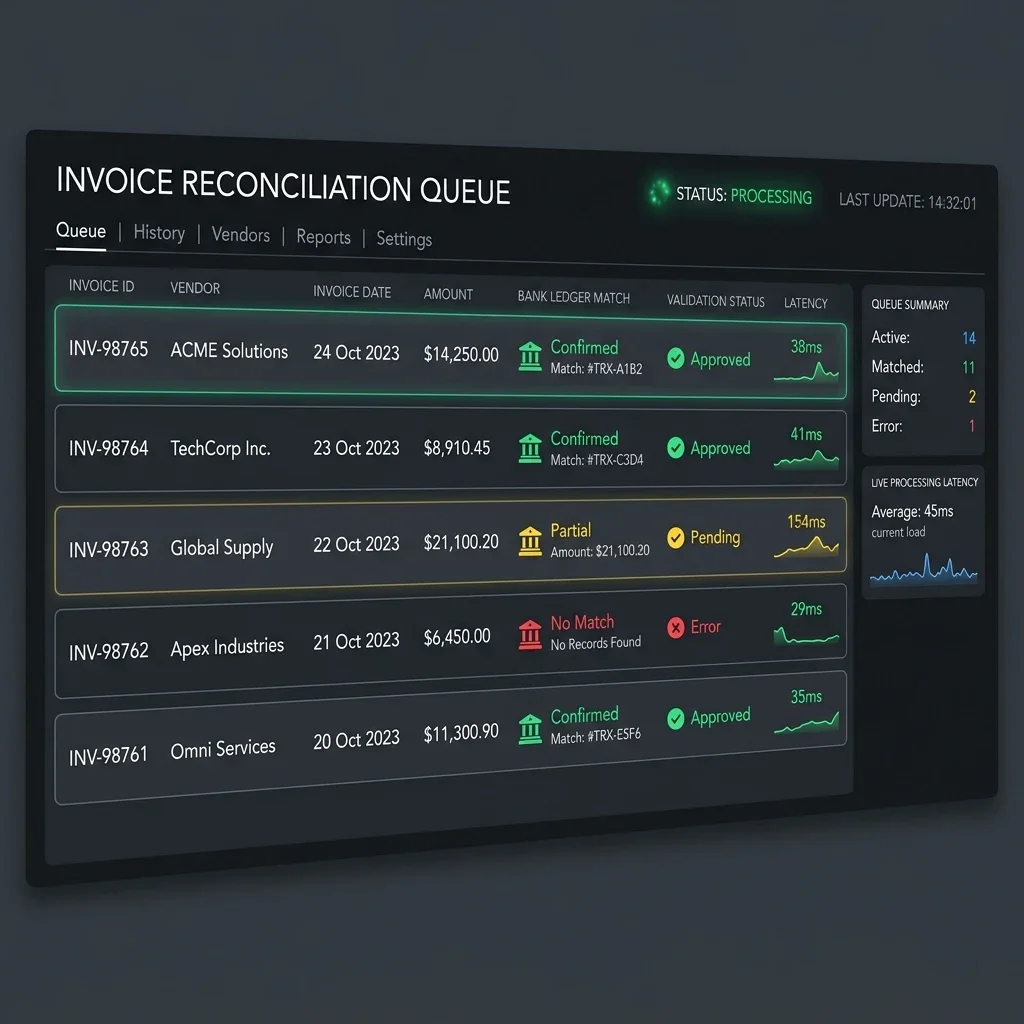Automated Invoice Reconciliation Queue: Sleek interface of an automated invoice reconciliation queue, showing bank ledger matches, validation checkmarks, and processing latency. Invoice Reconciliation Screenshot