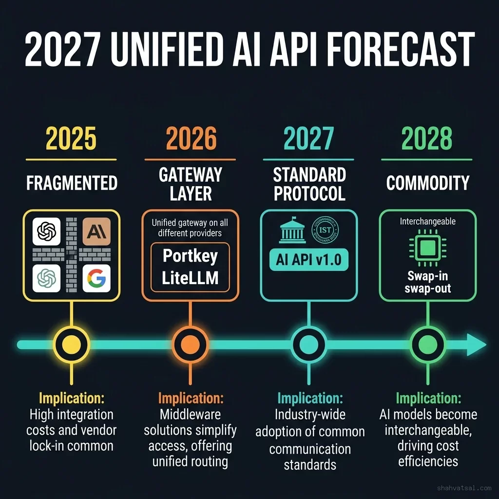 Roadmap timeline predicting the unification of AI APIs, semantic caches, and broker networks by 2028