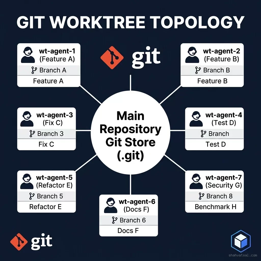 Git Worktree 8 Agent Topology Diagram — Central Git Store Radiating to 8 Isolated Worktrees