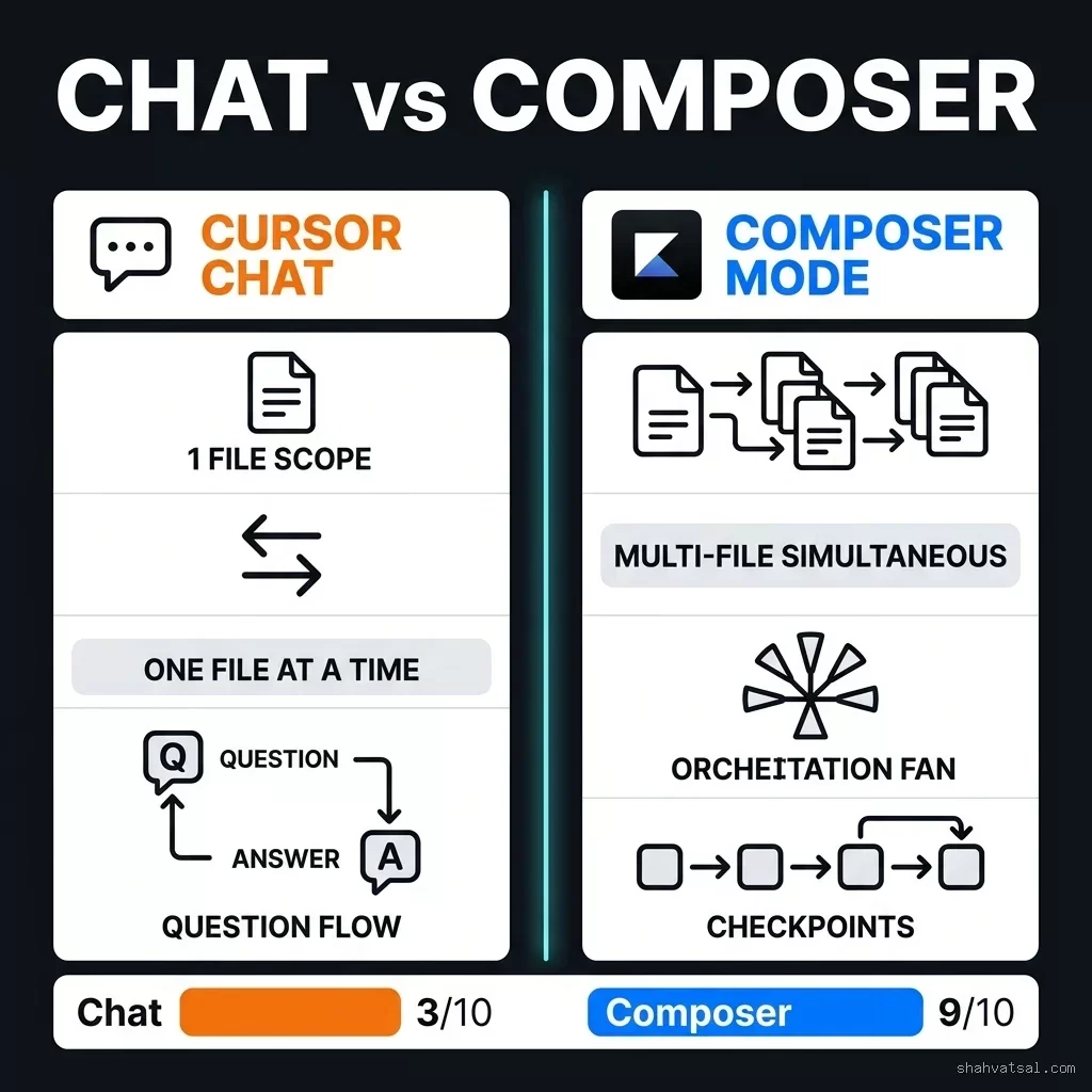 Cursor Chat vs Composer Mode Comparison — Chat: 1 file scope, one at a time, 3/10. Composer: multi-file simultaneous, orchestration fan, 9/10