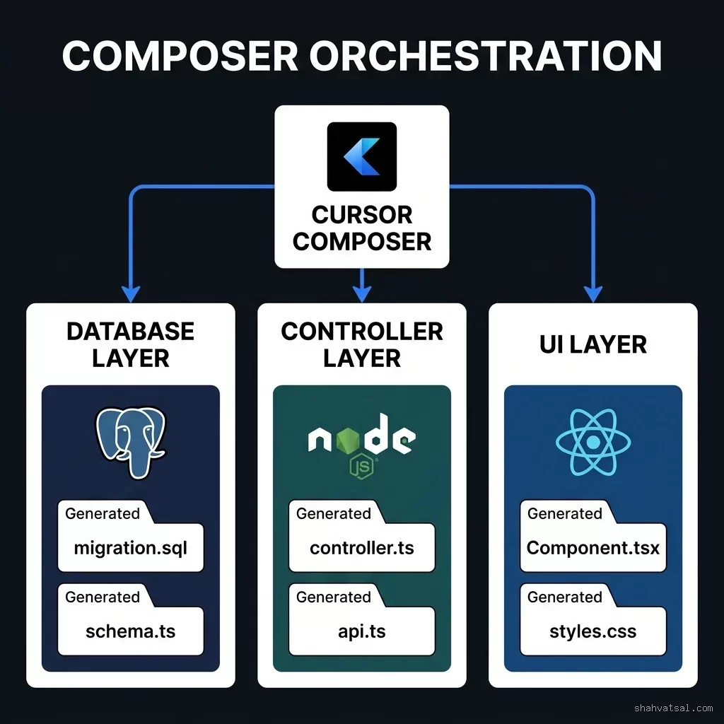 Cursor Composer functions as an orchestration hub — a single natural language prompt flows into the DATABASE LAYER (migration.sql, schema.ts), CONTROLLER LAYER (controller.ts, api.ts), and UI LAYER (Component.tsx, styles.css) simultaneously. This is the foundational multi-file generation pattern. Cursor Composer Orchestration Architecture — Hub diagram showing Composer generating migration.sql, controller.ts, and Component.tsx simultaneously from a single session