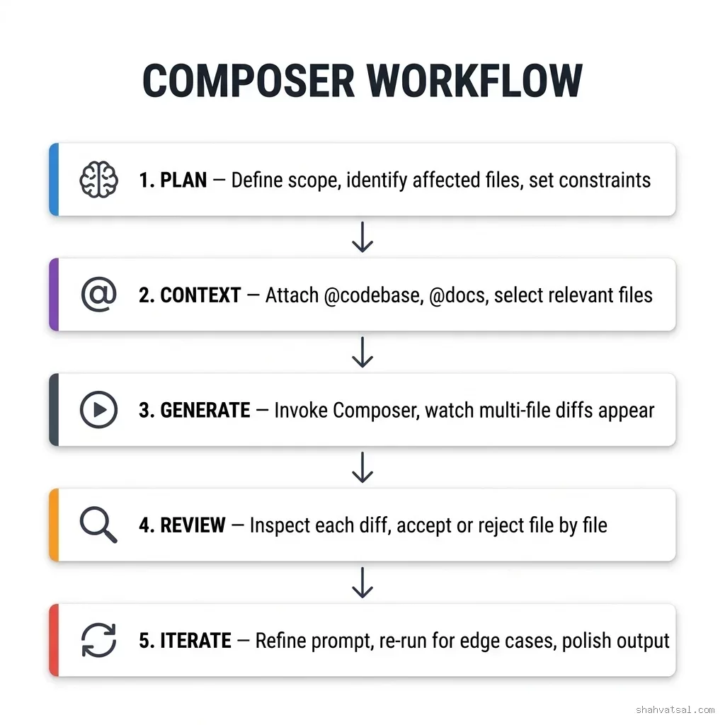 The five-phase Composer workflow: Phase 1 PLAN defines scope and identifies all affected files. Phase 2 CONTEXT attaches @codebase, @docs, and specific file references. Phase 3 GENERATE invokes Composer and watches multi-file diffs appear. Phase 4 REVIEW inspects each diff file by file. Phase 5 ITERATE refines the prompt and re-runs for edge cases. Cursor Composer Session Workflow — 5 steps: Plan, Context, Generate, Review, Iterate