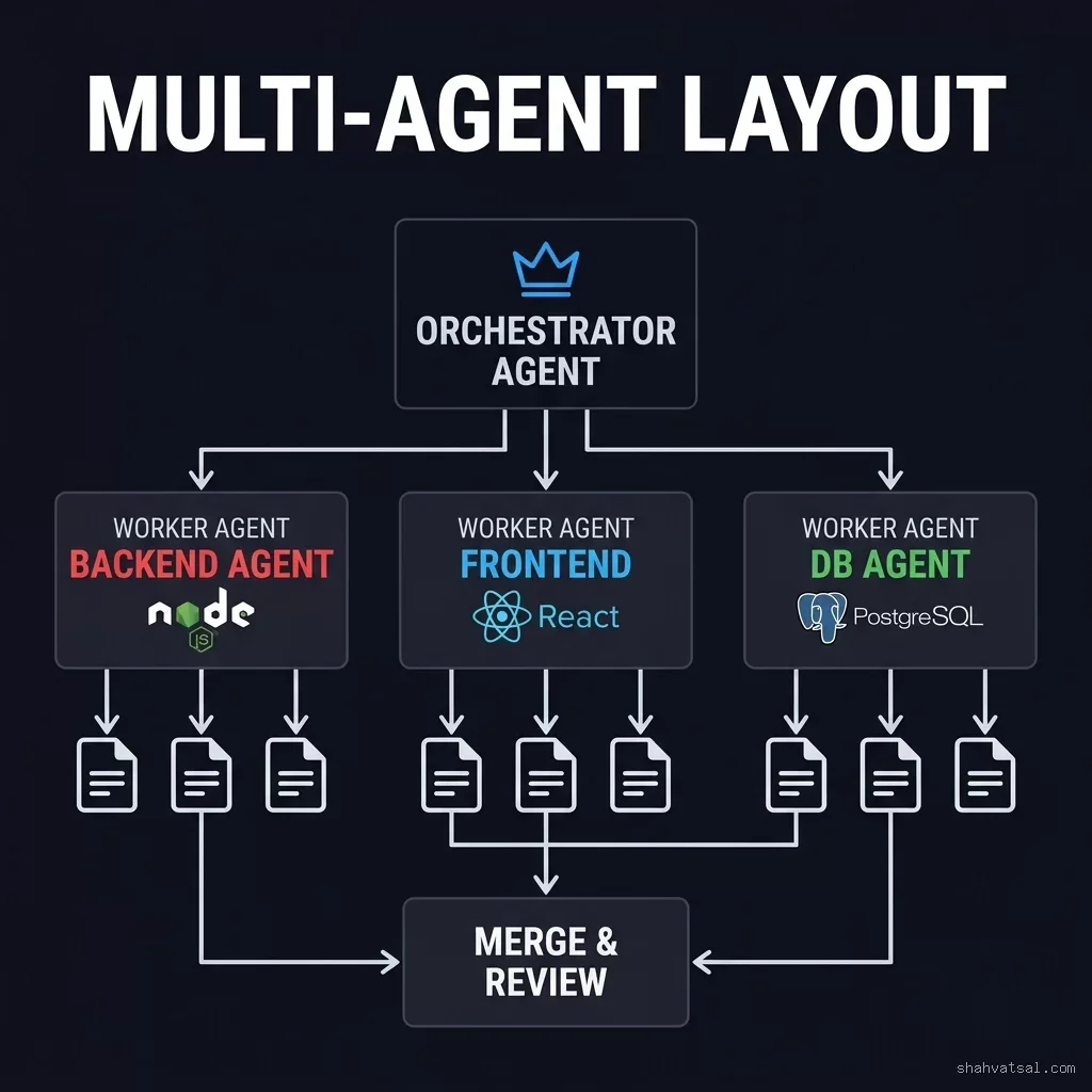 Multi-Agent Layout Architecture: An Orchestrator Agent coordinates three parallel Worker Agents — Backend (Node.js), Frontend (React), DB (PostgreSQL). Each worker operates on its own non-overlapping file set. All outputs converge at a MERGE & REVIEW stage where the engineer reviews cross-agent consistency before committing. Cursor Multi-Agent Layout Architecture — Orchestrator Agent with crown icon delegating to Backend Agent (Node.js), Frontend Agent (React), and DB Agent (PostgreSQL), all merging into a single review