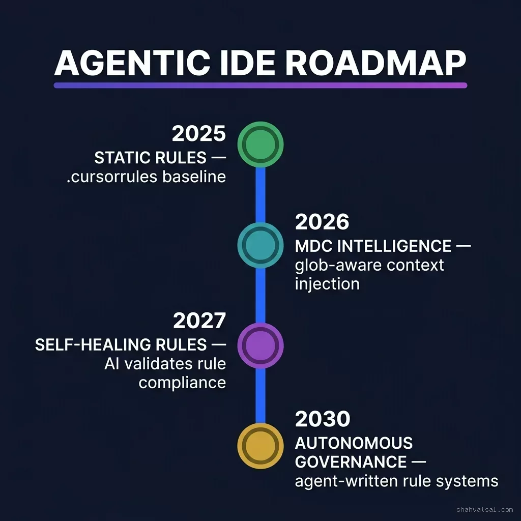Vertical timeline with four milestone nodes: 2025 (static .cursorrules baseline), 2026 (MDC intelligence with glob-aware injection), 2027 (self-healing rules with AI validation), 2030 (autonomous governance with agent-written rule systems). Agentic IDE roadmap from 2025 static rules to 2030 autonomous governance