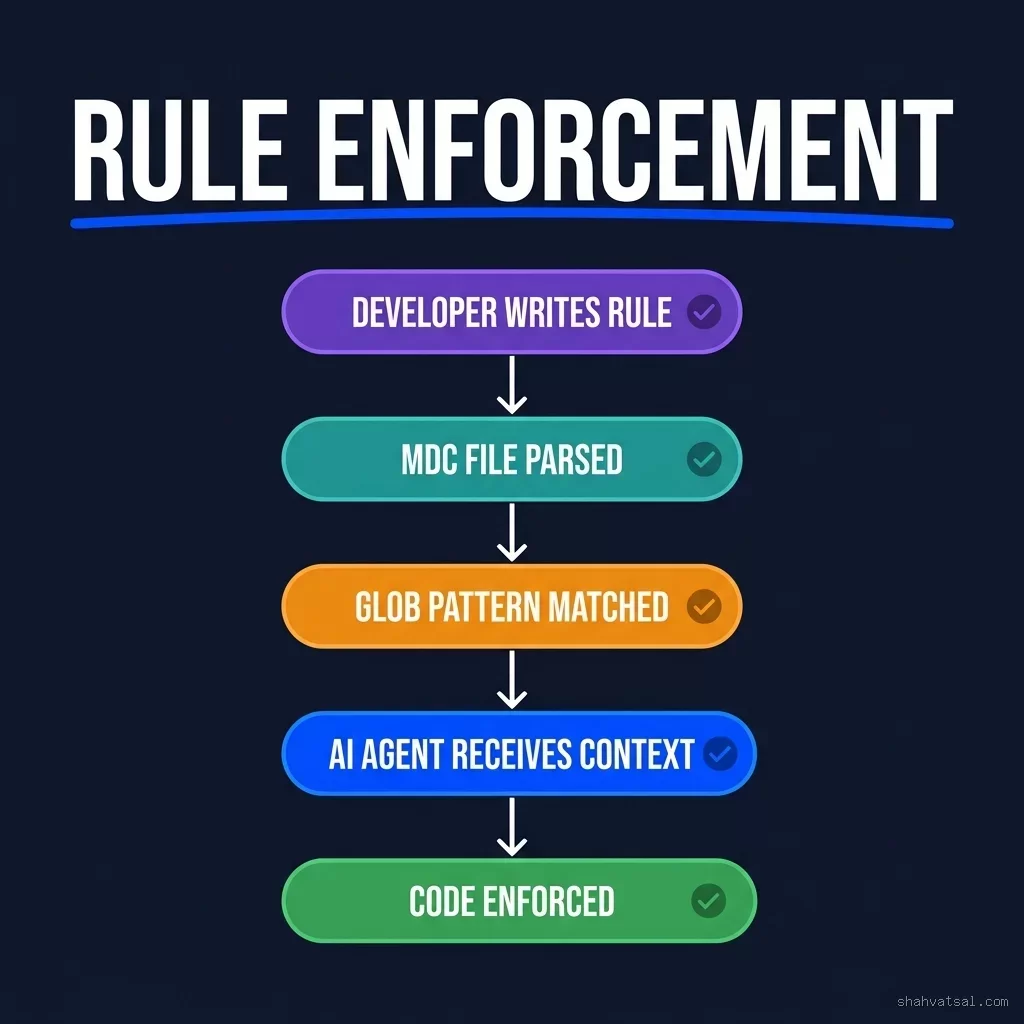 Five-stage vertical pipeline: Developer Writes Rule → MDC File Parsed → Glob Pattern Matched → AI Agent Receives Context → Code Enforced, each in color-coded rounded rectangles with arrows. Cursor Rules enforcement pipeline showing 5 stages from Developer Writes Rule to Code Enforced