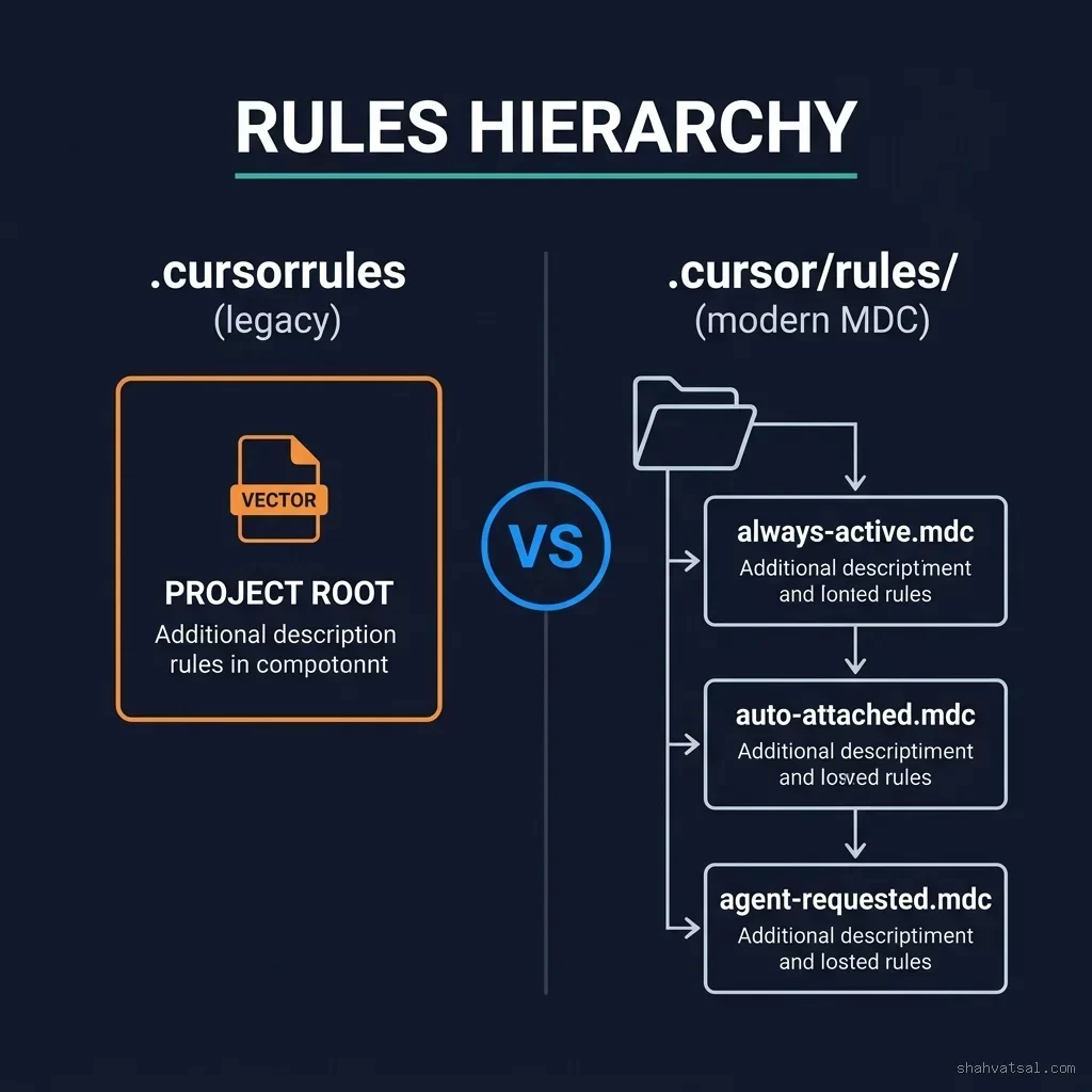 Two-column architecture diagram showing .cursorrules (legacy, project root) on the left versus the modern .cursor/rules/ MDC folder structure with always-active, auto-attached, and agent-requested rule types on the right. Cursor Rules hierarchy showing .cursorrules versus .cursor/rules/*.mdc architecture