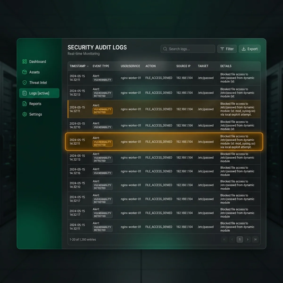Realistic UI Dashboard Screenshot — Security Audit Log Alerting Unapproved Path Egress