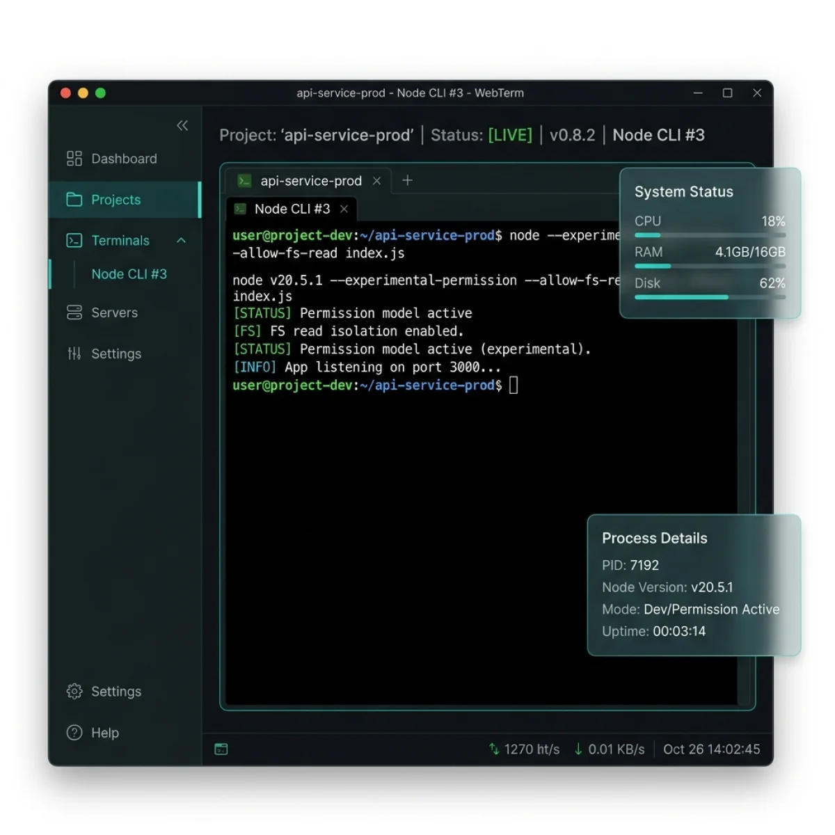 Realistic UI Console Screenshot — Node.js v24 Permission Model Execution Terminal