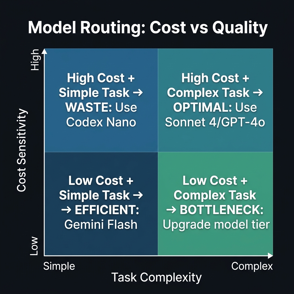 Model Routing Matrix — Cost sensitivity vs task complexity