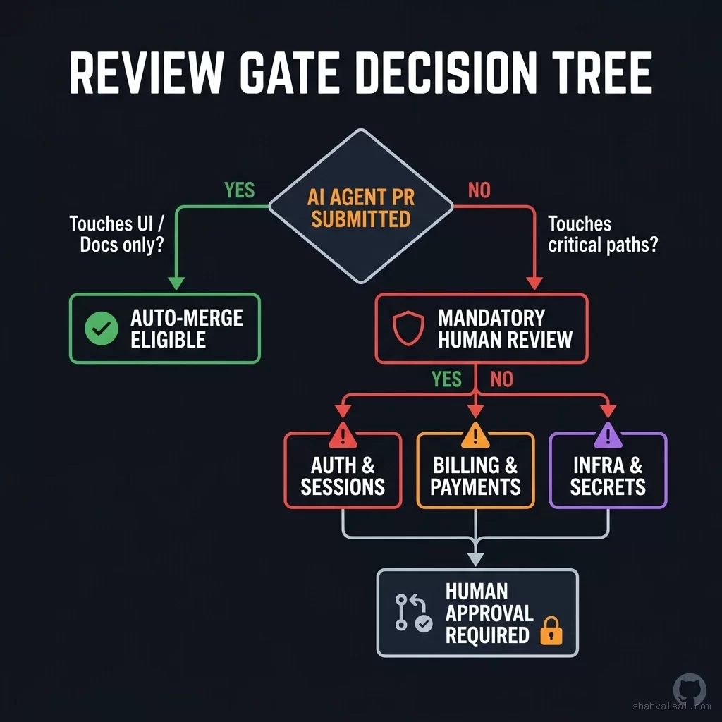 Review Gate Decision Tree - AI agent PR submitted, routed by risk surface to auto-merge eligible or mandatory human review paths