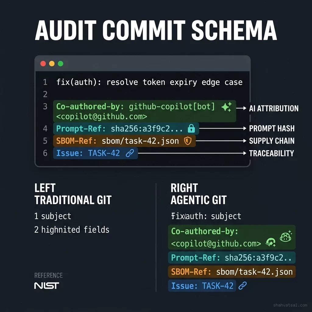 Audit Commit Schema - structured commit footer showing Co-authored-by, Prompt-Ref hash, SBOM-Ref, and Issue fields compared to traditional git commits