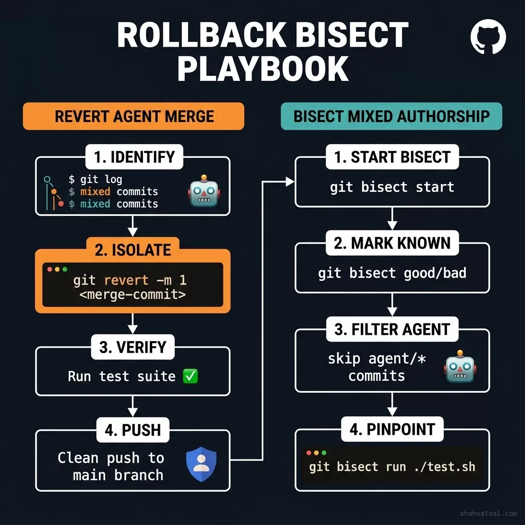 Blueprint 5: The rollback and bisect playbook - LEFT shows the four-step process for reverting a bad agent merge; RIGHT shows the bisect strategy for mixed authorship using exit 125 to skip bot commits. Rollback and Bisect Playbook - two parallel step-by-step guides for reverting agent merges and bisecting mixed authorship commit histories