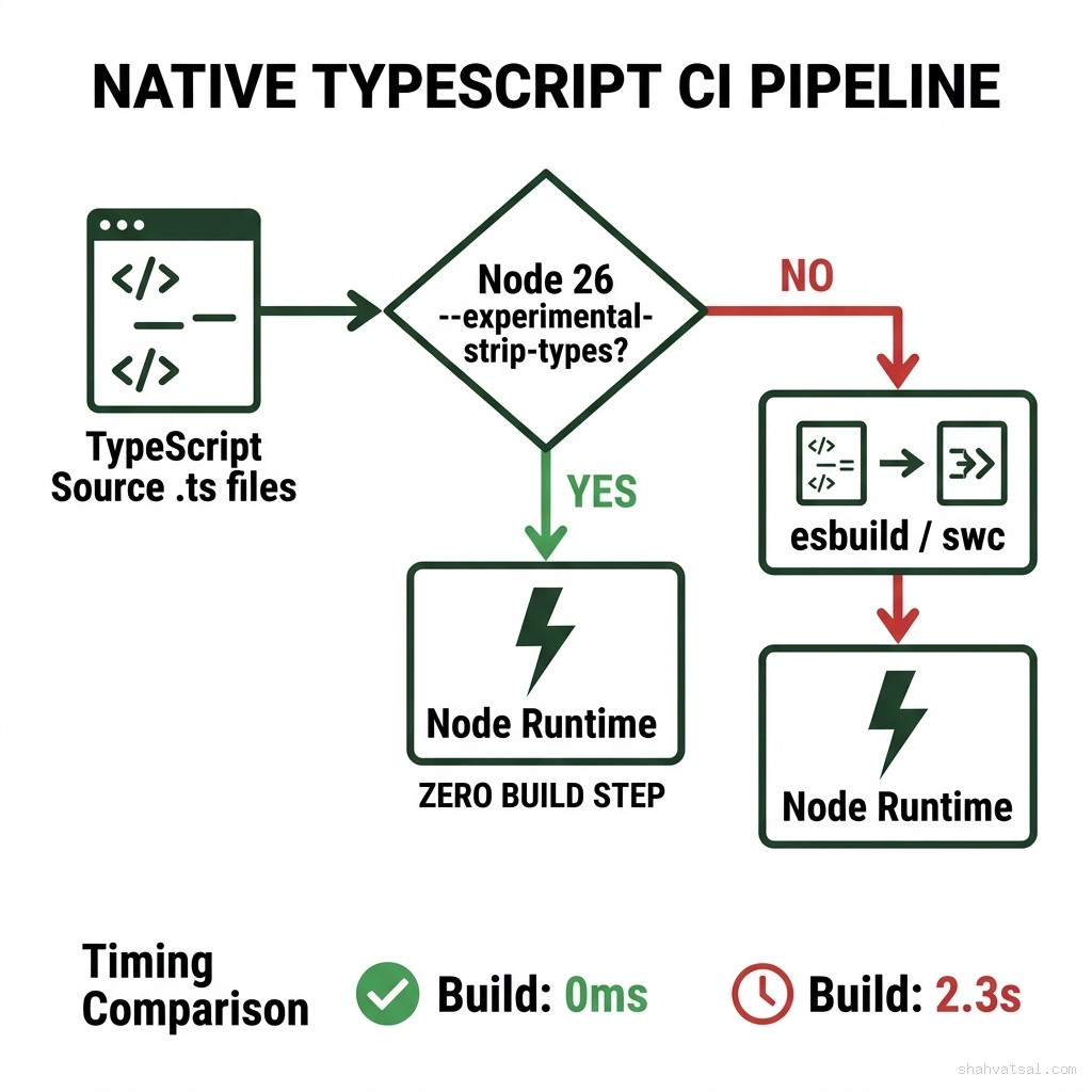 Native TypeScript CI pipeline in Node 26 — flowchart showing the zero-build-step path when using --experimental-strip-types versus the esbuild/swc transpiler path