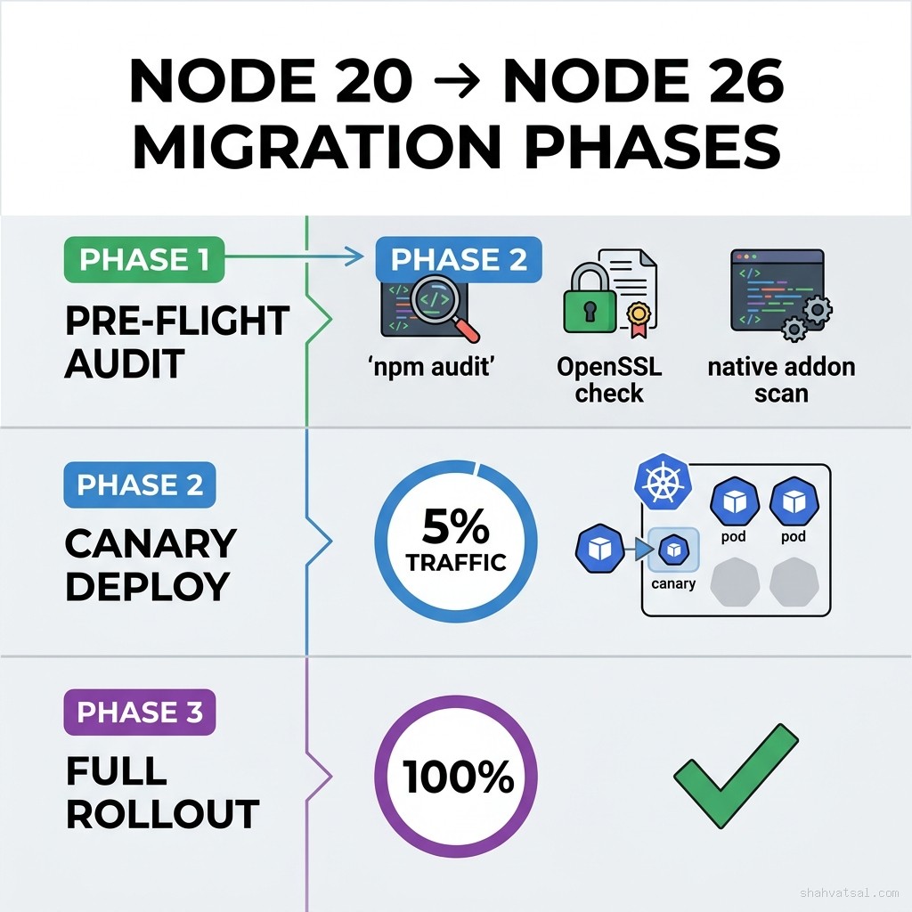 Pre-flight audit identifies breaking changes before migration begins. Phase 1 audits native addons, TLS certs, ESM debt. Phase 2 deploys to 5% canary traffic with event-loop monitoring. Phase 3 rolls out fully once canary holds for 48 hours. Node 20 to Node 26 migration phases — three-phase diagram showing Pre-Flight Audit, Canary Deploy, and Full Rollout with detailed checklist items for each phase