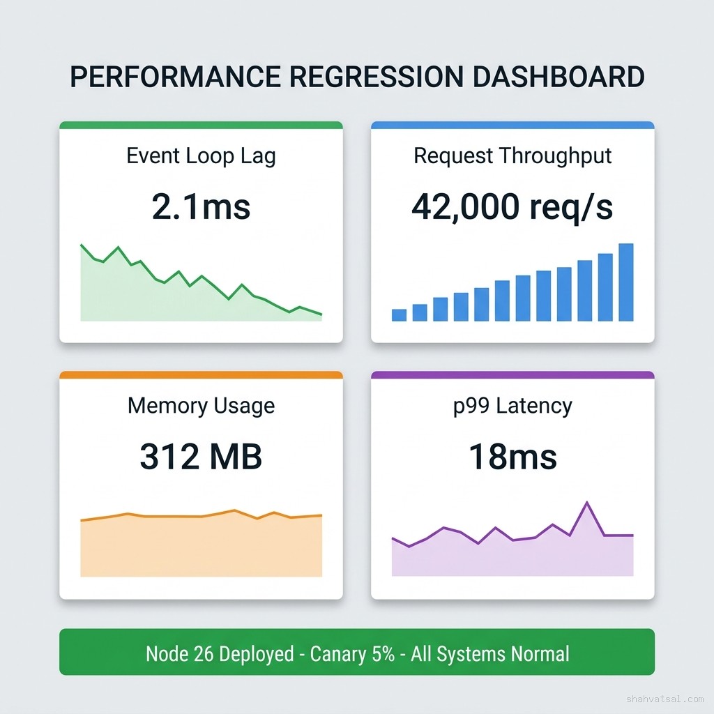 Monitor these four metrics during Node 26 canary deployment. Event Loop Lag above 5ms indicates JIT compilation pressure. p99 Latency spikes signal OpenSSL or fetch() incompatibilities. Memory above 1.5x baseline suggests V8 heap behavior change. Exit criteria: all metrics stable for 48 hours before full rollout. Performance regression detection dashboard — four metric panels showing Event Loop Lag at 2.1ms, Request Throughput at 42,000 req/s, Memory Usage at 312MB, and p99 Latency at 18ms with Node 26 canary at 5% traffic