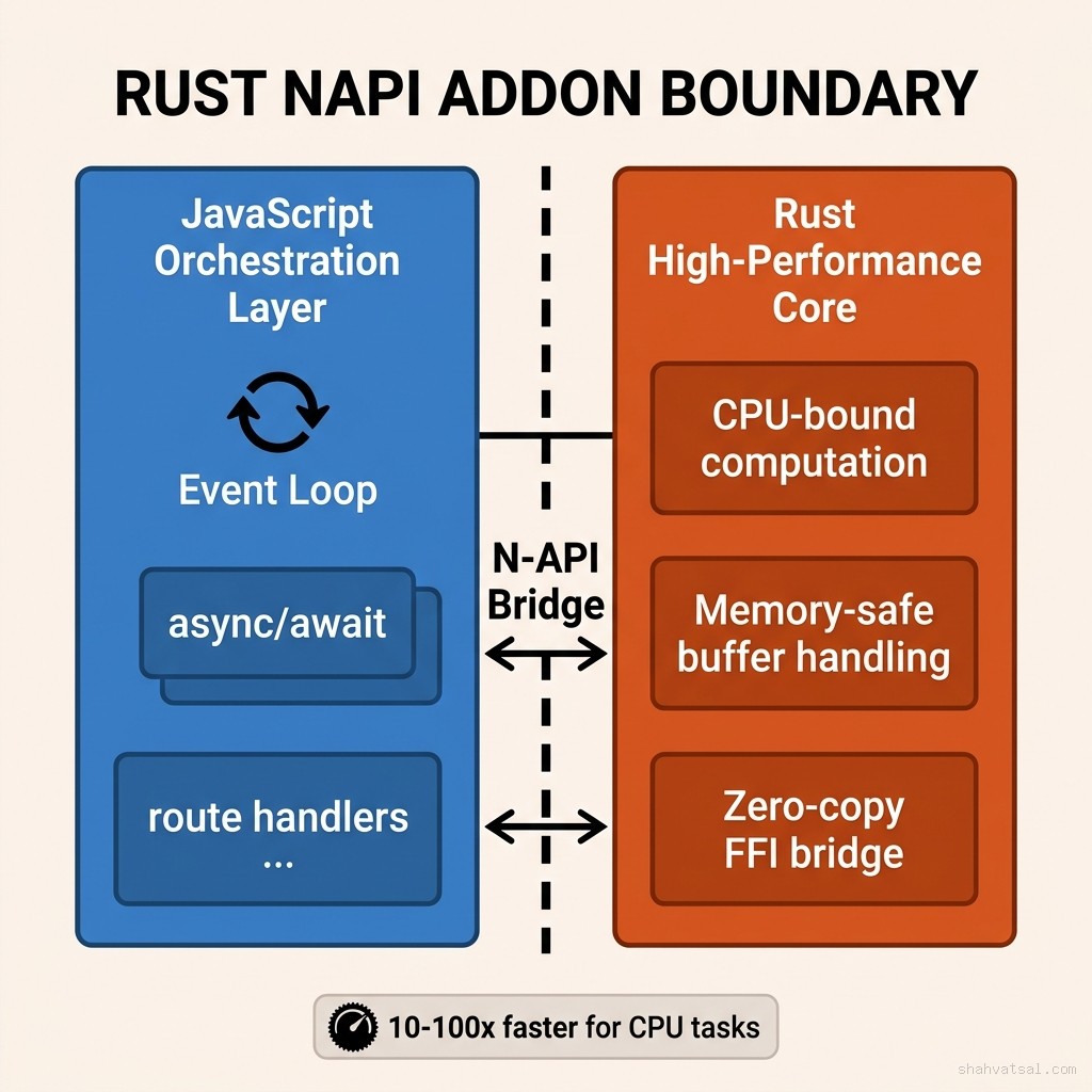 The Rust N-API boundary separates JavaScript orchestration (event loop, routing, async/await) from Rust CPU-bound computation (buffers, parsing, crypto). The N-API bridge passes data with zero-copy semantics for Buffer types, making interop 10-100x faster than pure JS for compute-intensive work. Rust N-API addon boundary diagram — two-zone architecture showing JavaScript orchestration layer on the left and Rust high-performance core on the right, connected by the N-API bridge