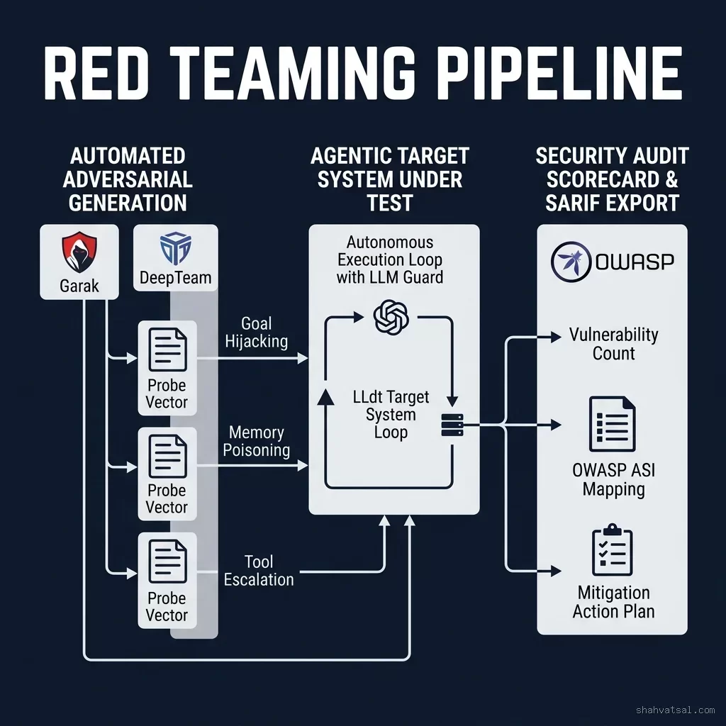 Wide architecture diagram for automated red-teaming pipeline showing Garak & DeepTeam generating adversarial probes against agent systems under test. Red-Teaming Pipeline Diagram using Garak and DeepTeam Frameworks