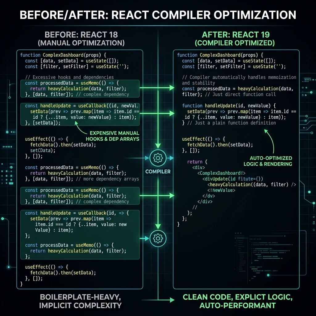 Before/After Comparison — Manual useMemo Boilerplate vs. Clean Compiler-ready Code — High-Contrast Code Delta