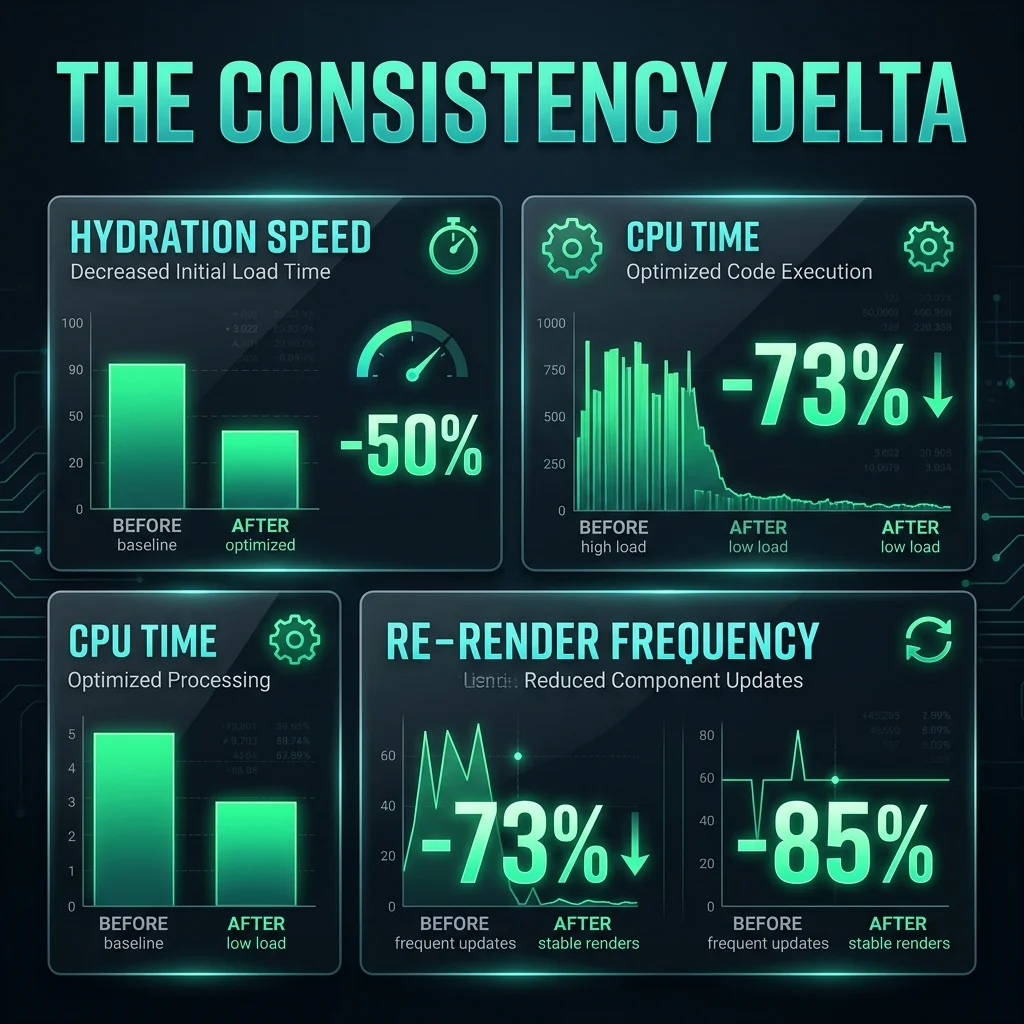 Hydration Delta Infographic — Performance Benchmarks: Manual vs. Compiled React 19 — High-Authority Data Visualization