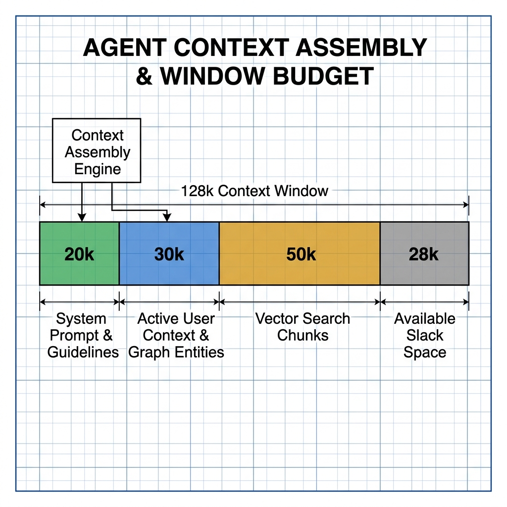 Vercel eve Agent Context Assembly — Dynamic context allocation showing the partition of the 128k context window into system guidelines, active graph nodes, retrieved vector chunks, and conversation history. Vercel 2026
