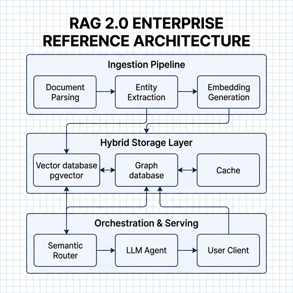RAG 2.0 Enterprise Reference Architecture — Visualizing the ingestion pipeline, the hybrid storage layer combining vector database, graph database, and semantic caches, and the orchestration layer managing queries. Vercel 2026