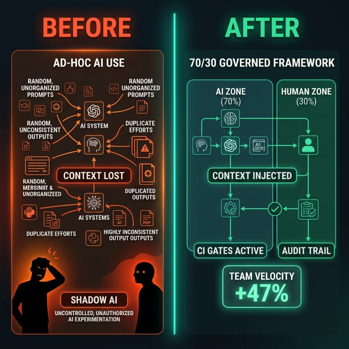 Before/After comparison. Left side (AD-HOC AI USE): Context lost on every task. Shadow AI proliferates as developers use unauthorized tools and configurations. Duplicated prompting effort across teams. Inconsistent output quality. No audit trail. Right side (70/30 GOVERNED FRAMEWORK): Context injected systematically. CI gates catch AI output issues before merge. Audit trail on every AI contribution. Team velocity up 47% on comparable tasks. The difference is the governance layer. Before/After: Ad-hoc AI use vs. 70/30 Governed Framework — showing context loss, shadow AI on the left and structured governance with +47% velocity on the right