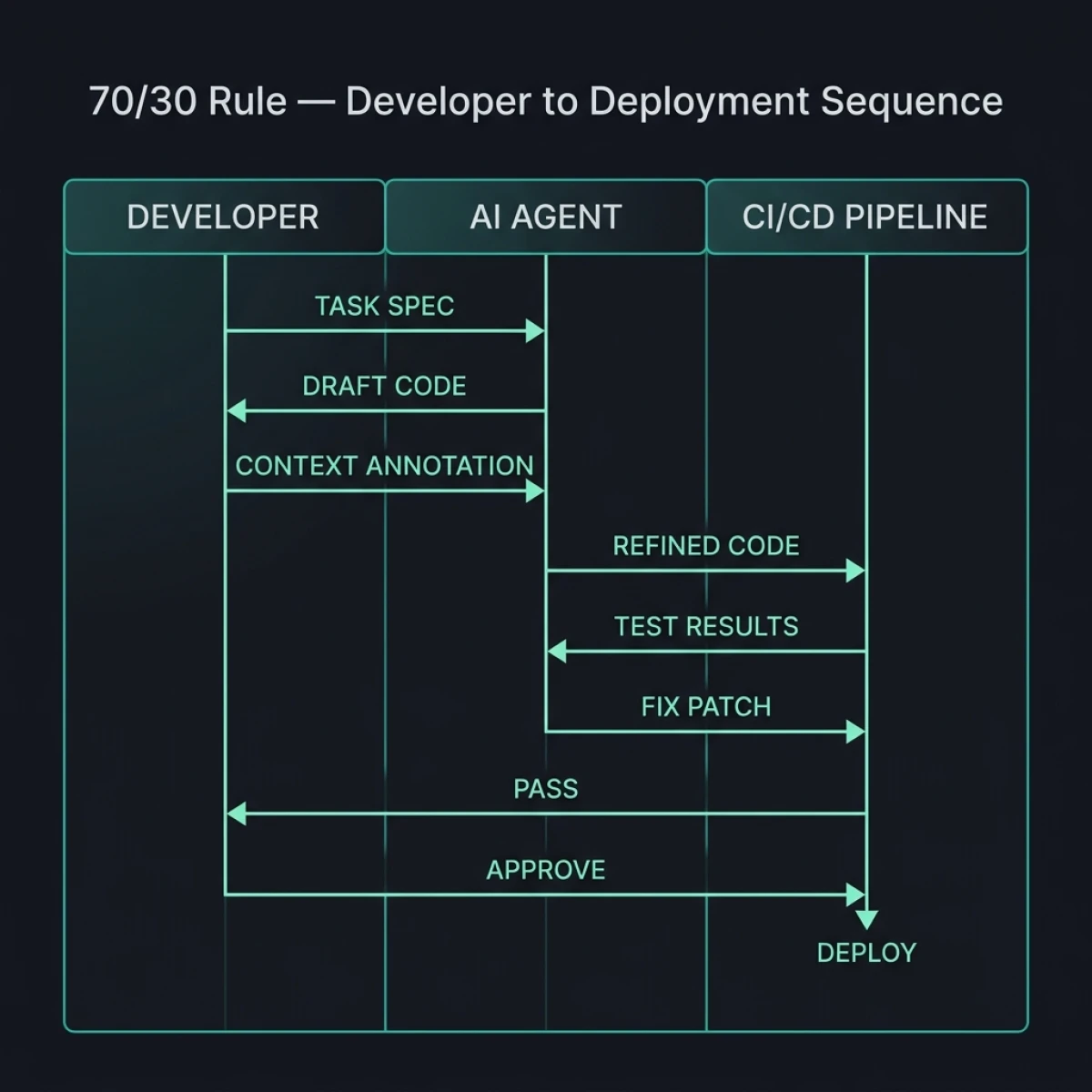 The sequence flow for governed AI-assisted development. The developer sends a task specification to the AI agent, receives a draft, adds context annotation, and returns the enriched spec. The AI produces refined code sent directly to CI/CD. The pipeline returns test results; the AI patches failures autonomously. Once CI passes, the developer approves — the only human gate in the automated path. Human judgment is concentrated at the front (context) and back (approval), not scattered throughout. 70/30 Rule — Developer to Deployment Sequence: swim-lane diagram showing Developer, AI Agent, and CI/CD Pipeline interactions