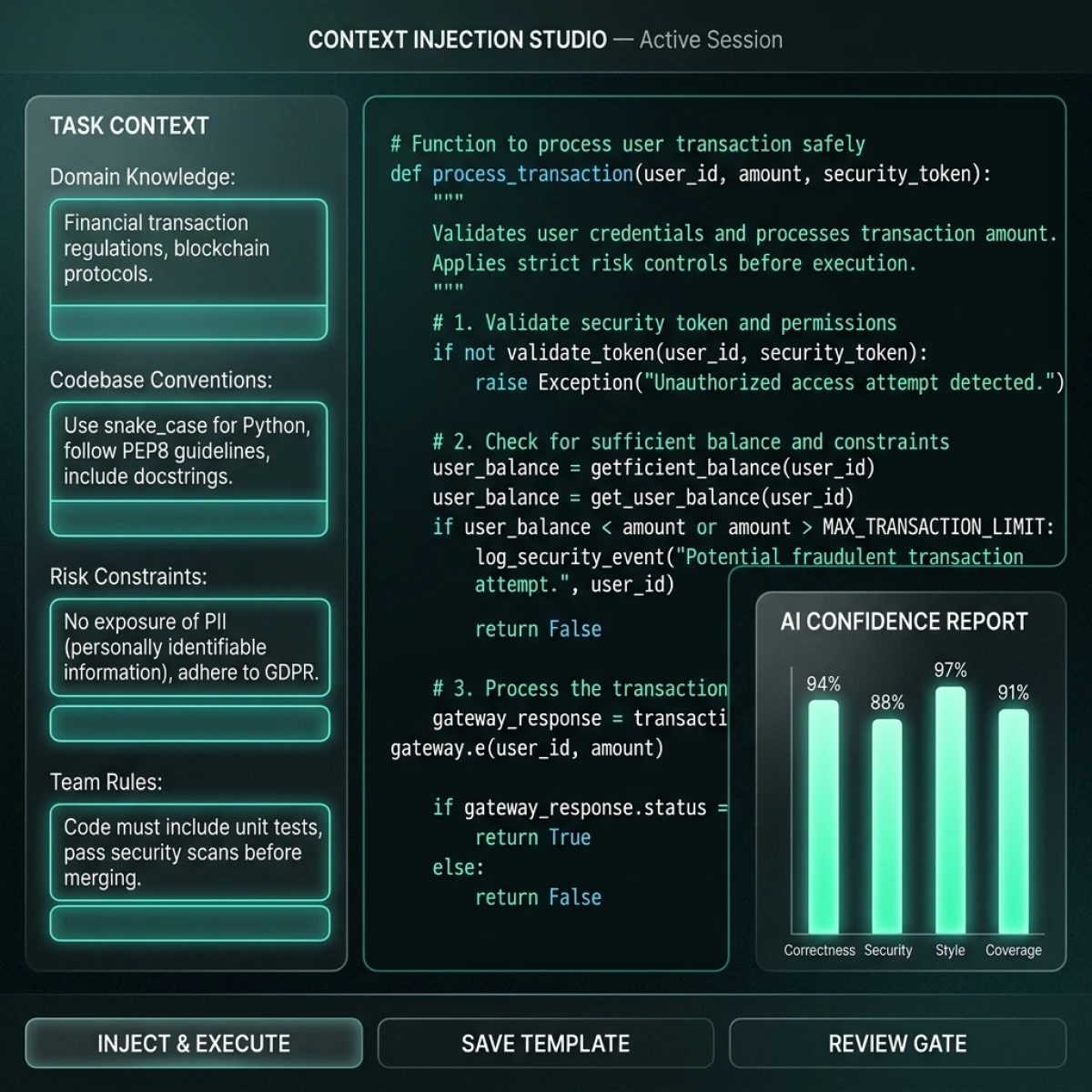 AI Context Injection Studio UI — showing Task Context form, code editor with AI output, and AI Confidence Report panel