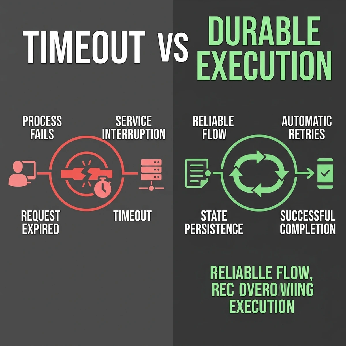 Timeout vs Durable Execution: A direct contrast of how traditional serverless runtimes fail under AI agent latency compared to event-driven durable runtimes. Timeout Standoff Diagram