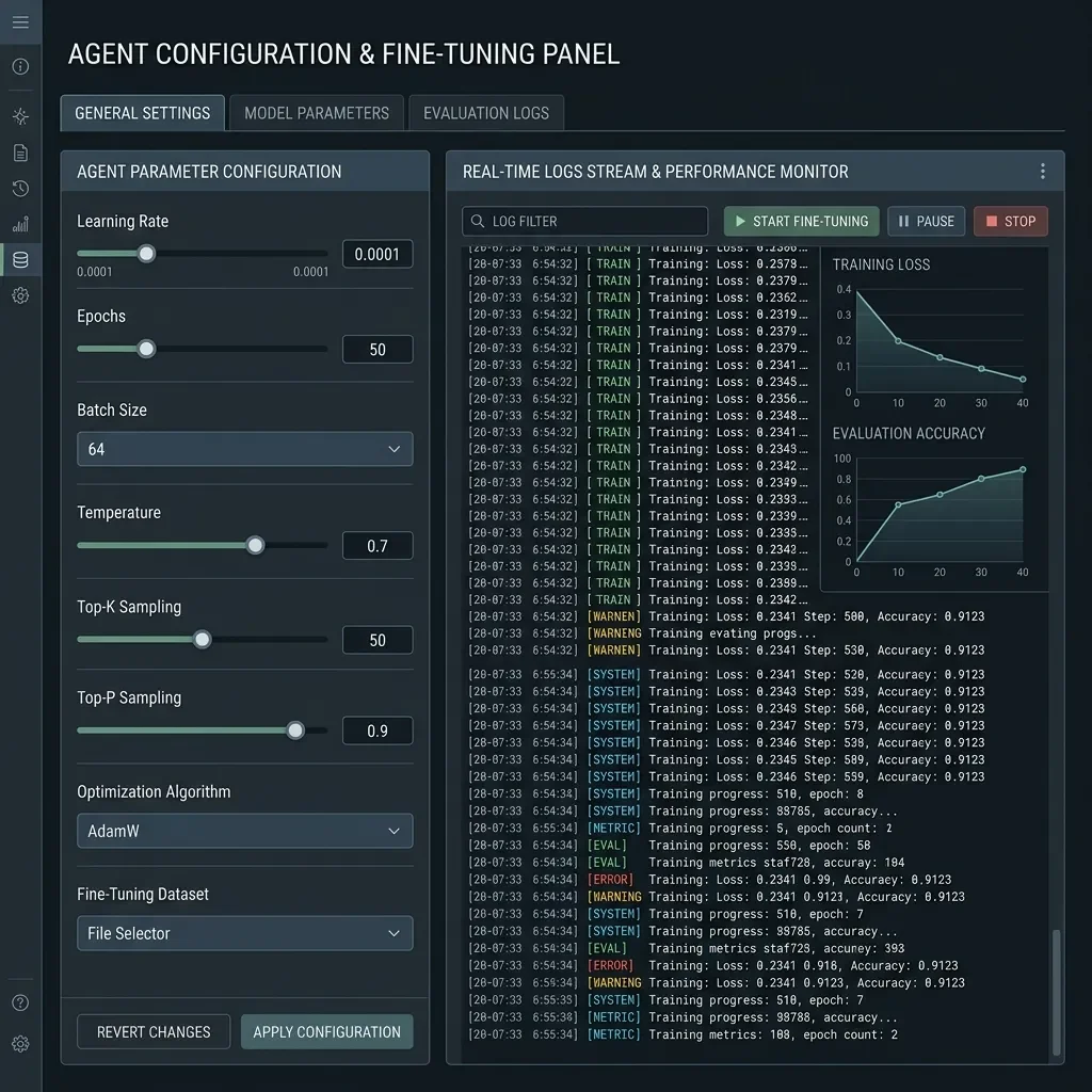UI Screenshot: Agent configuration and fine-tuning panel
