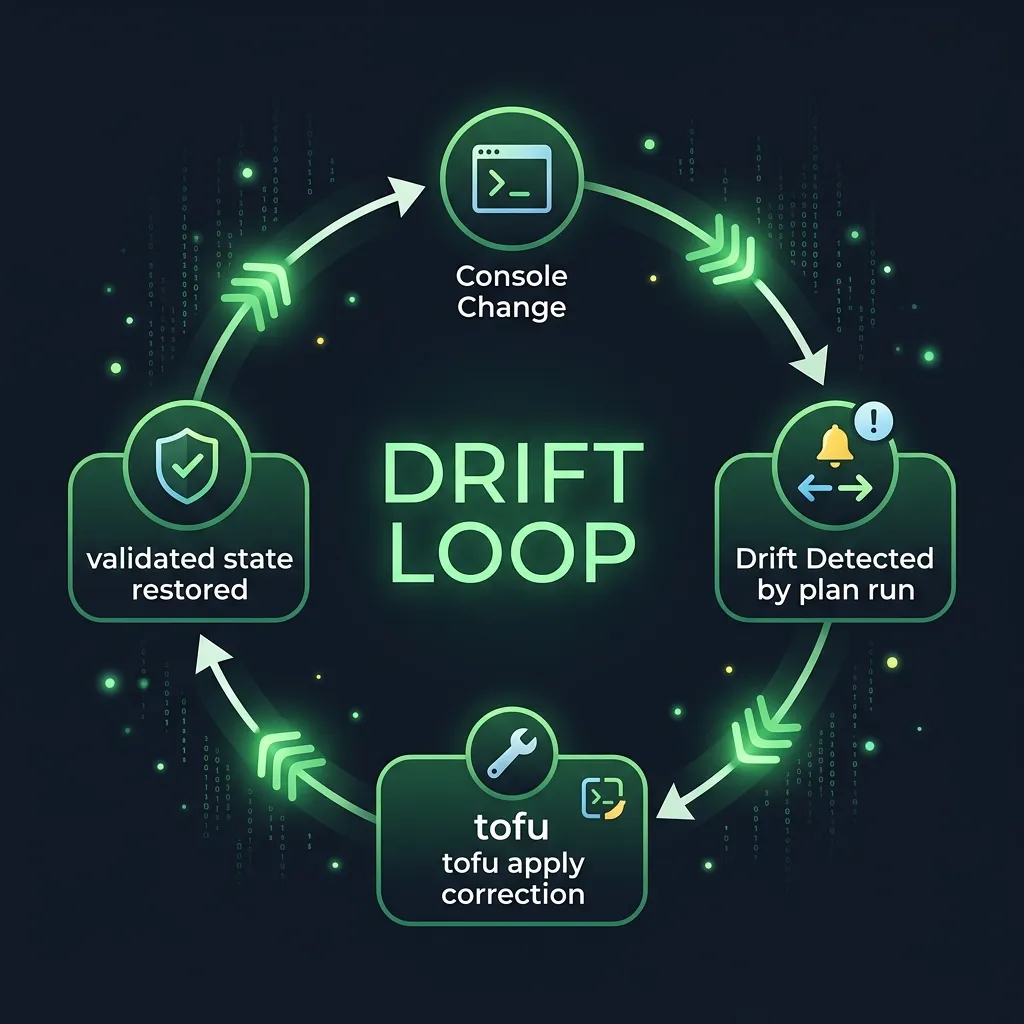 The Drift Remediation Loop illustrating automated reconciliation of manual console edits back to the git source of truth. Remediation loop diagram from console change to tofu apply correction