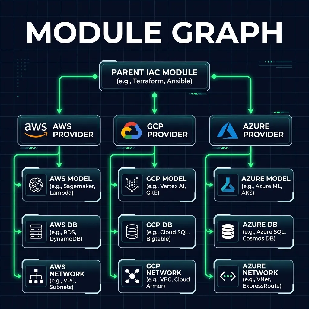 The Multi-Cloud Module Dependency Graph showing the flow from unified input variables down to specific hyperscaler API resources. Dependency graph mapping parent module to providers and resources