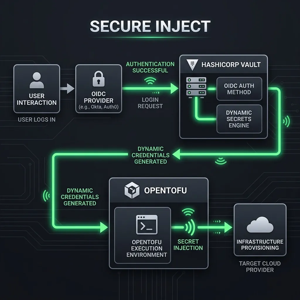 The Secure Secret Injection Pipeline showing dynamic authentication and runtime key injection into OpenTofu workspaces. Flowchart showing secrets injection from Vault into OpenTofu workspaces