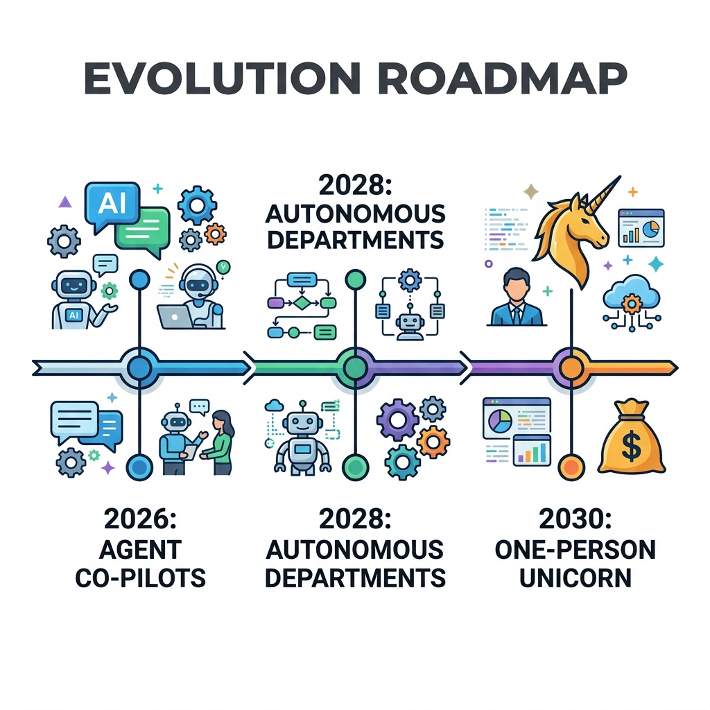 Evolution timeline showing transition stages from 2026 to 2030