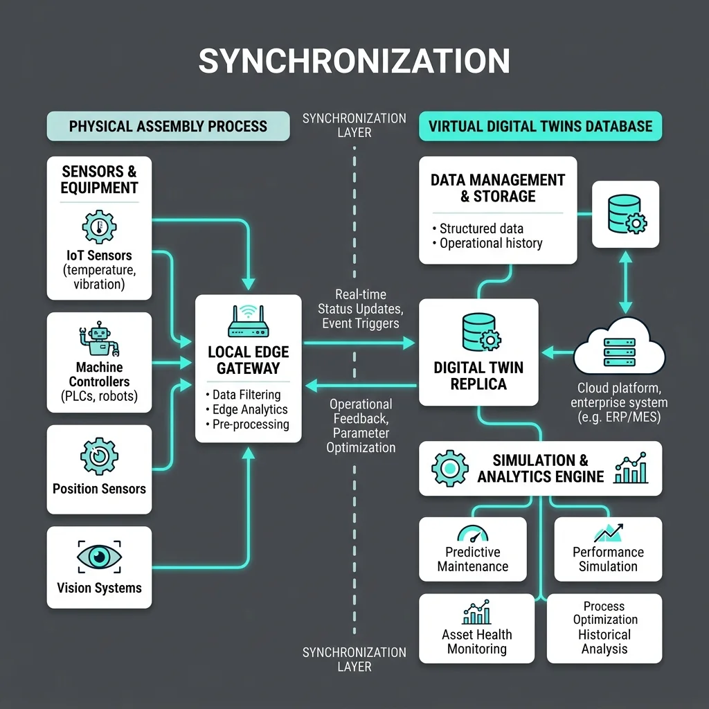 System data flow from physical sensors through digital twin to agent execution loops