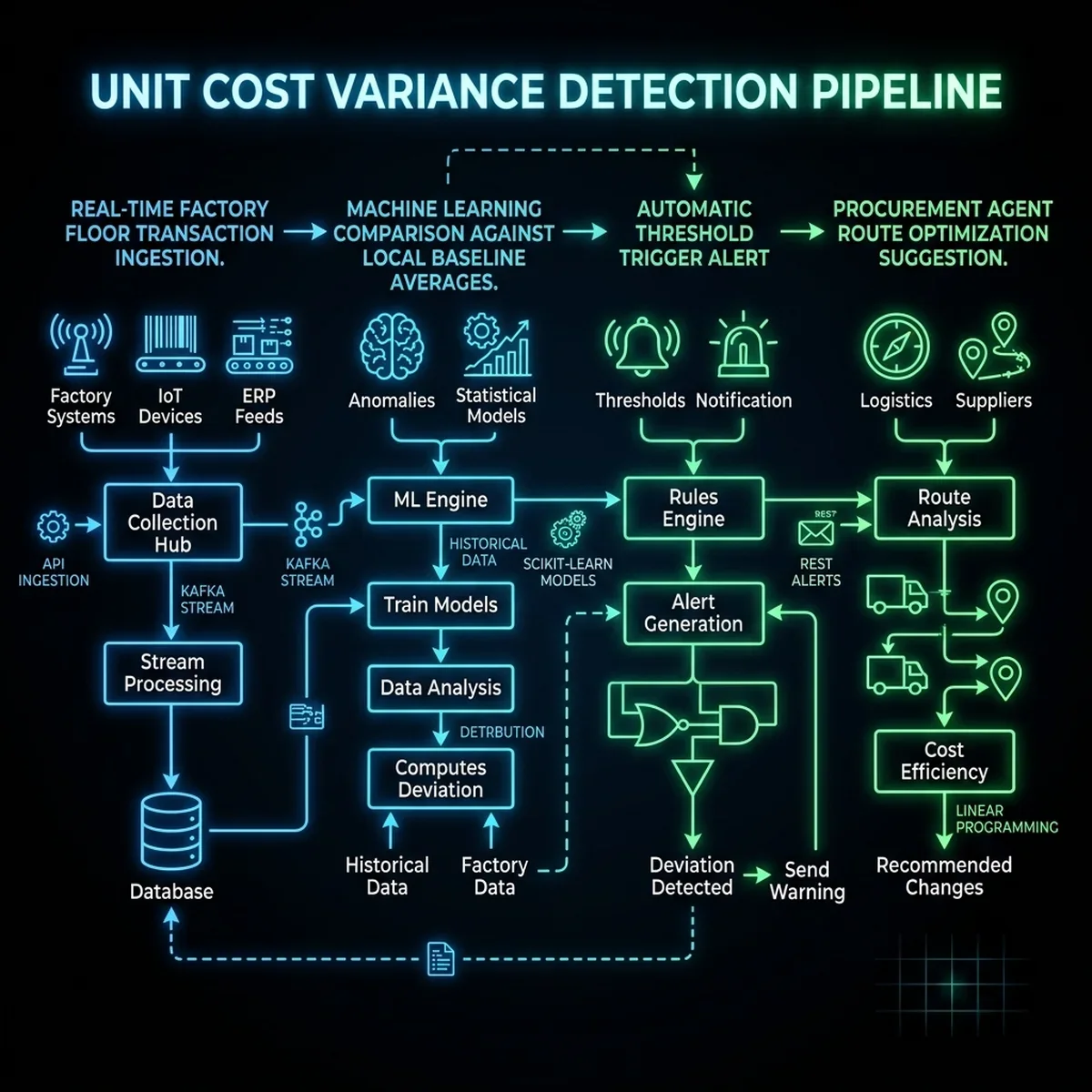 Variance Detection Process Flow: Process diagram illustrating how cost transactions are ingested, compared against baselines, and routed to the procurement dashboard. Variance Detection Pipeline