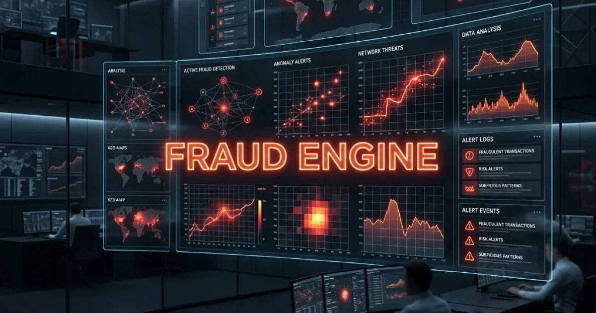 Cybersecurity Control Center: A cinematic high-fidelity visualization of an enterprise financial security control center monitoring real-time anomaly detection pipelines. Automated Banking Fraud Banner