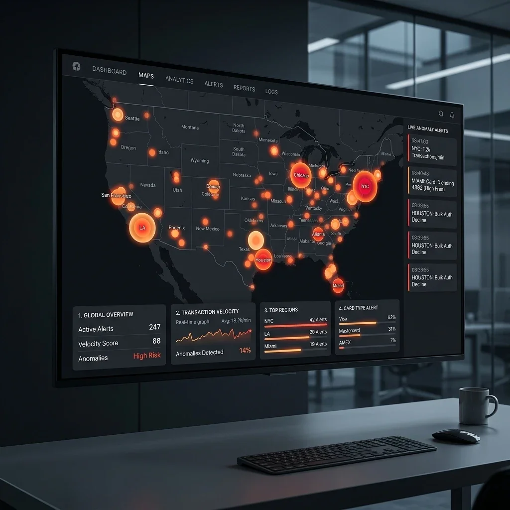 Anomaly Matrix: The geographic density matrix dashboard tracking real-time card velocity violations and high-risk anomalies across regional locations. Geographic Anomaly Heatmap Screenshot