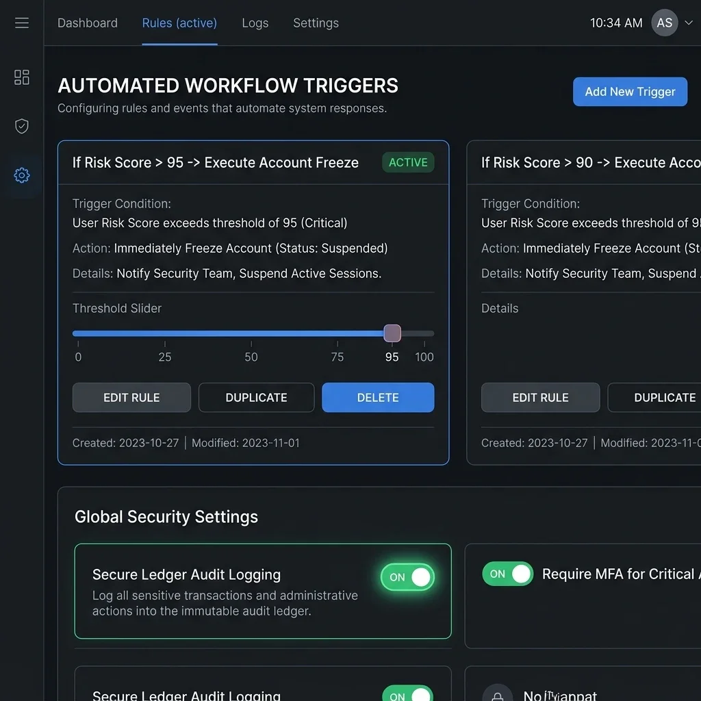 Autofreeze Interface: The settings console, enabling security administrators to configure rule thresholds and dynamic freeze workflows. Auto-Freeze Workflow Screenshot
