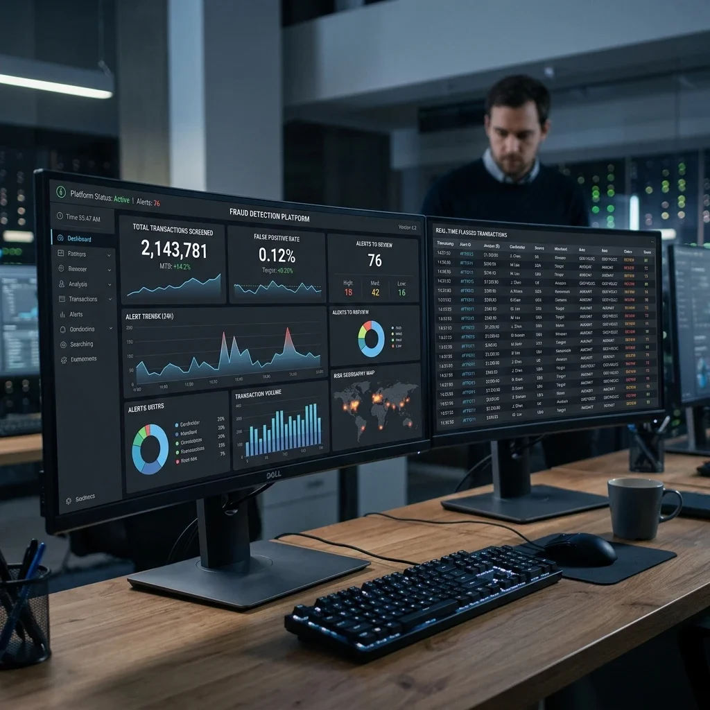 Operational Status: The administrative overview tracking live transaction volume, historical false positive curves, and active flagged risk queues. Fraud Analyst Workspace Screenshot