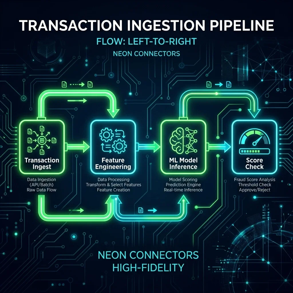 Ingestion Pipeline Process Flow: The structured transaction processing pipeline mapping real-time POS event ingestion, ML feature hydration, and core ledger execution. Transaction Ingestion Pipeline Process Flow
