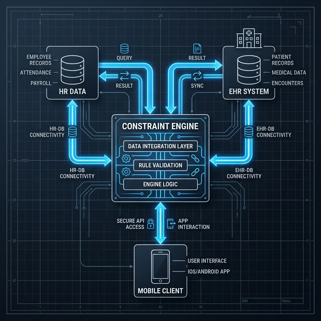 Staffing Engine Architecture: A technical blueprint illustrating the secure data synchronization between Epic EHR, PostgreSQL, and the Mobile Swap Client. Healthcare Staffing System Architecture