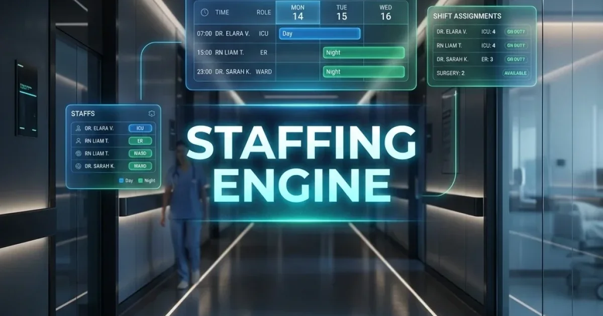 Healthcare Intelligence: A cinematic high-fidelity visualization of a modernized hospital operations control center, where clinical staffing matches live census demand. Automated Healthcare Staffing Banner