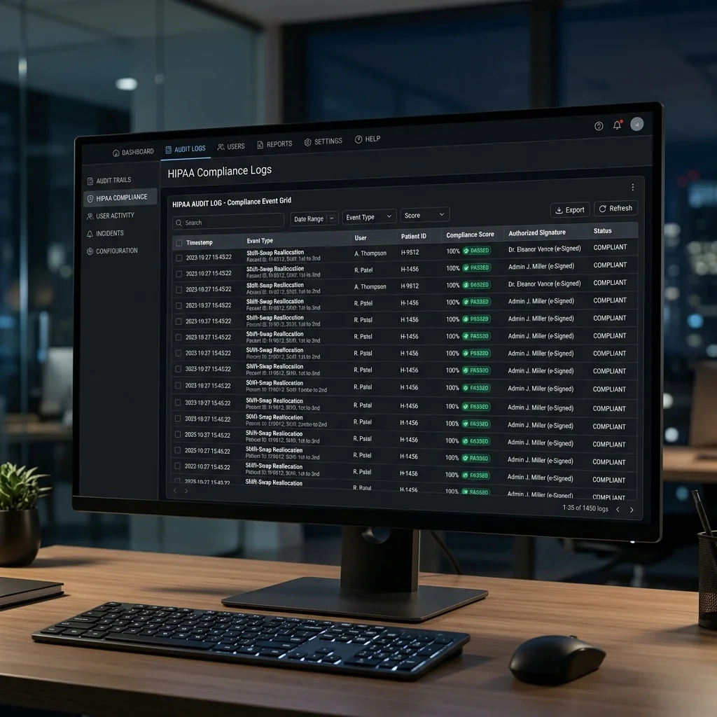 Compliance Audit Grid: The secure compliance data grid logging every shift reallocation, timestamp, and audit trail row. Compliance Audit Log Screenshot