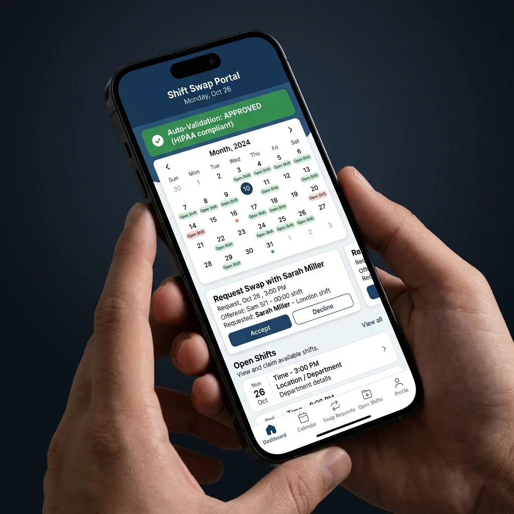Mobile Swap UI: The smartphone shift-swap portal, enabling nursing staff to request shift trade-offs with instant compliance validation. Mobile Shift-Swap Screenshot