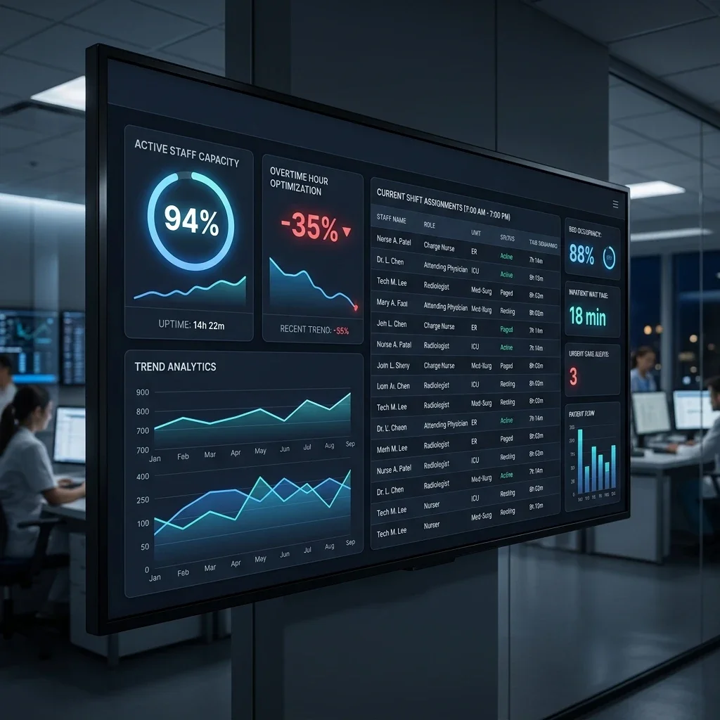 Operational Status: The administrative overview tracking live shift vacancies, roster completion rates, and active overtime alerts across all wards. Hospital Operations Dashboard Screenshot