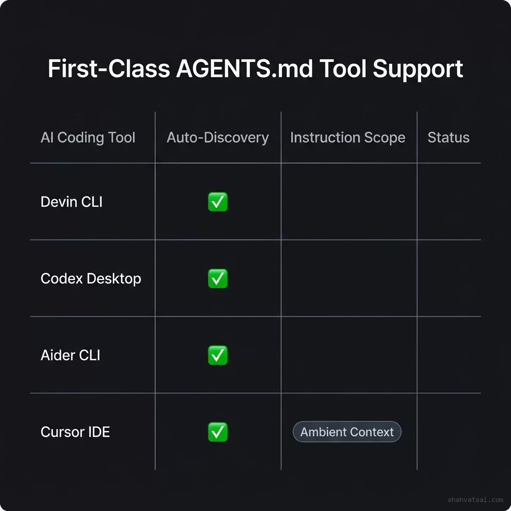 First-Class AGENTS.md Tool Support Table