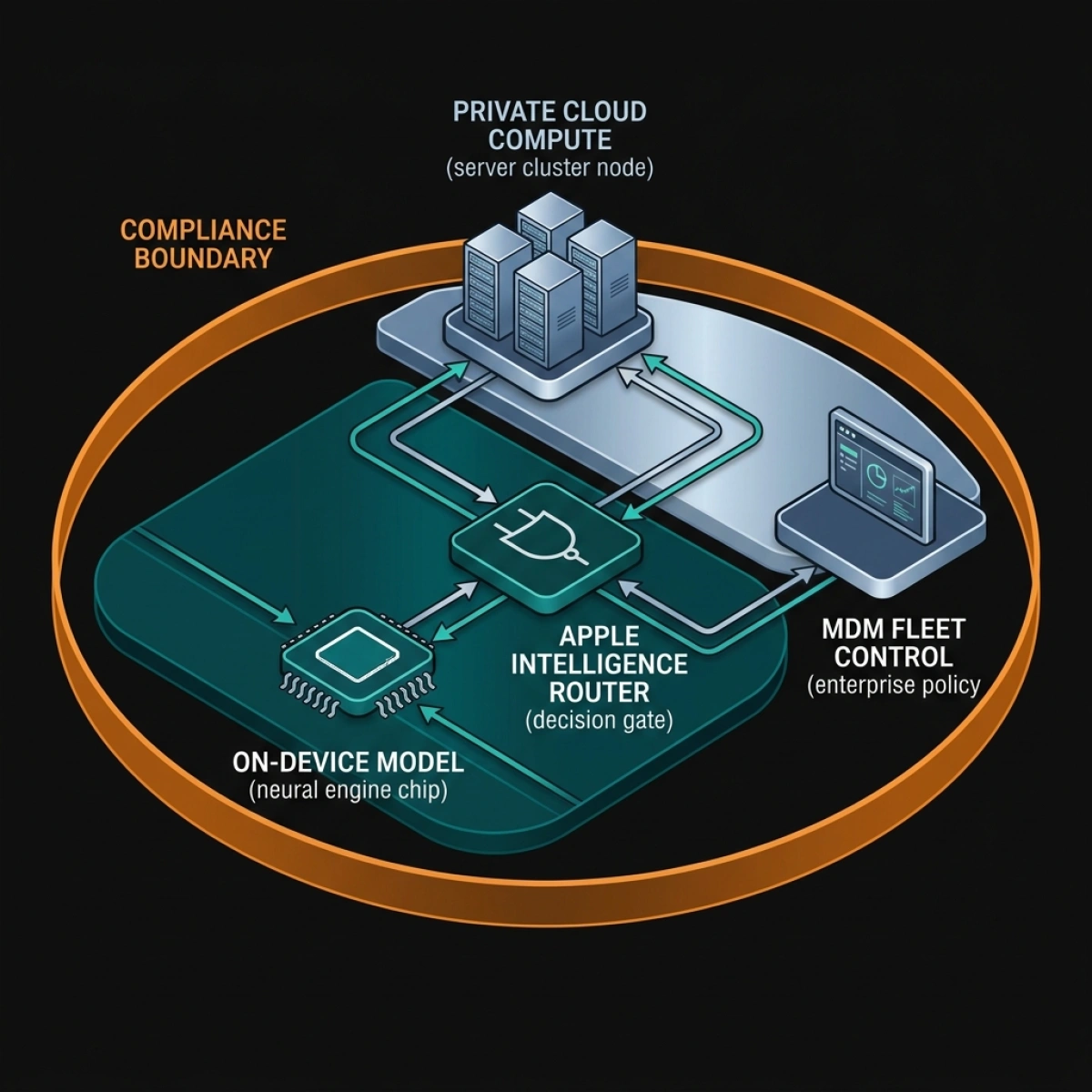 System Architecture Diagram — Apple Private Cloud Compute Enterprise Stack — On-Device Neural Engine to MDM Fleet Control