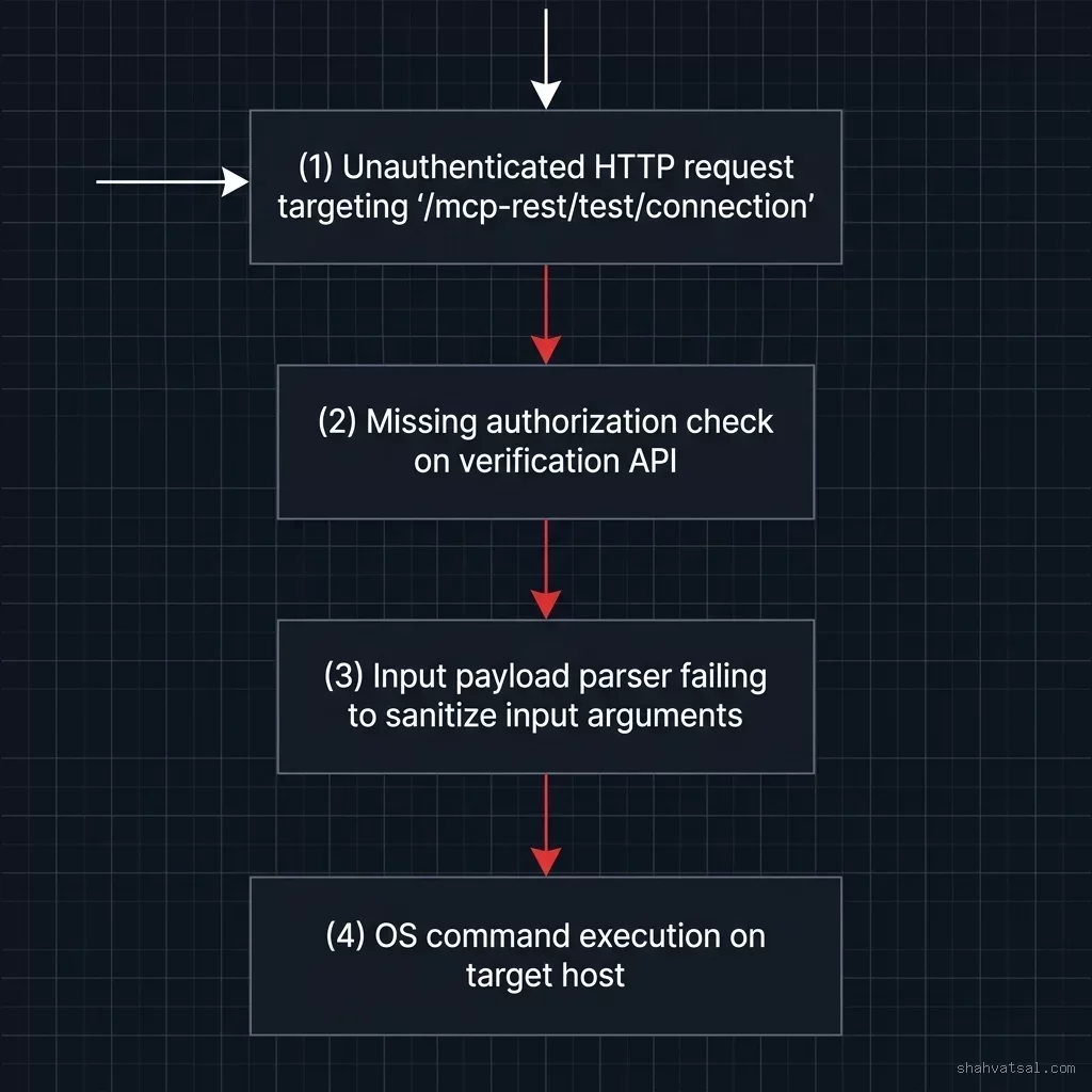 Exploit flow showing HTTP POST request triggering unauthenticated command injection in LiteLLM